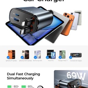 LISEN Retractable Car Charger, 69W Cars Adapter USB C Fast Charger, Car Accessories for Women Men, Christmas for Gifts for Dad Mom, Gifts for Women Men, for iPhone 17 Pro Max Air 16 15 14 13 Plus - Image 3