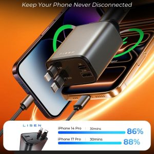 LISEN Retractable Car Charger, 69W Cars Adapter USB C Fast Charger, Car Accessories for Women Men, Christmas for Gifts for Dad Mom, Gifts for Women Men, for iPhone 17 Pro Max Air 16 15 14 13 Plus - Image 4