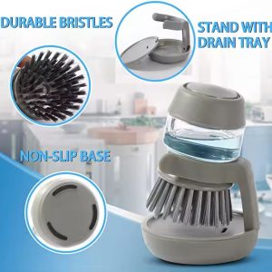 Kitchen Scrub Brushes Dishwashing Brush for Pots Pans Sink Dish Scrubber With Tray Palm Dish Brush With Soap Dispenser - Image 3