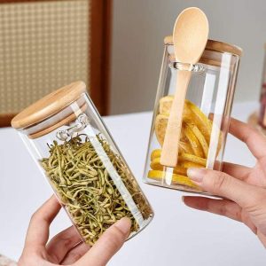YOLOWE HOME 360ml Glass Jars with Bamboo Lids Modern Design Food Container for Kitchen Pasta Cookies Customizable for Party Use - Image 1