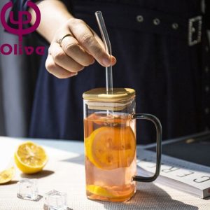 Modern Design Heat-Resistant Glass Tea Cup with Color Handle Square Juice Cup for Household Drinking Microwave Breakfast Cup - Image 3